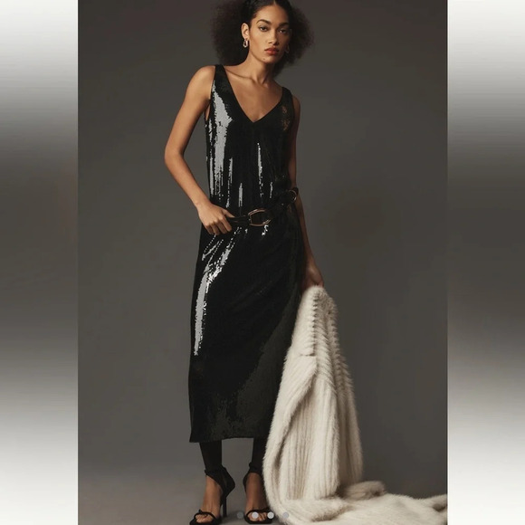 SOPHIE RUE Full Sequence Midi Dress Women’s XS Black V Neck Evening Gown - Picture 1 of 10